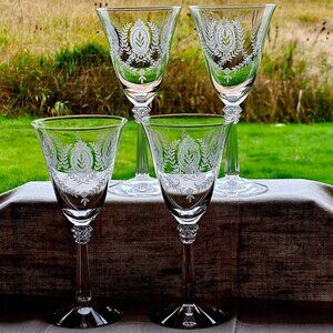4 Fostoria Lenox Water Glasses 8" etched Laurel Elegant Glass crystal medallion